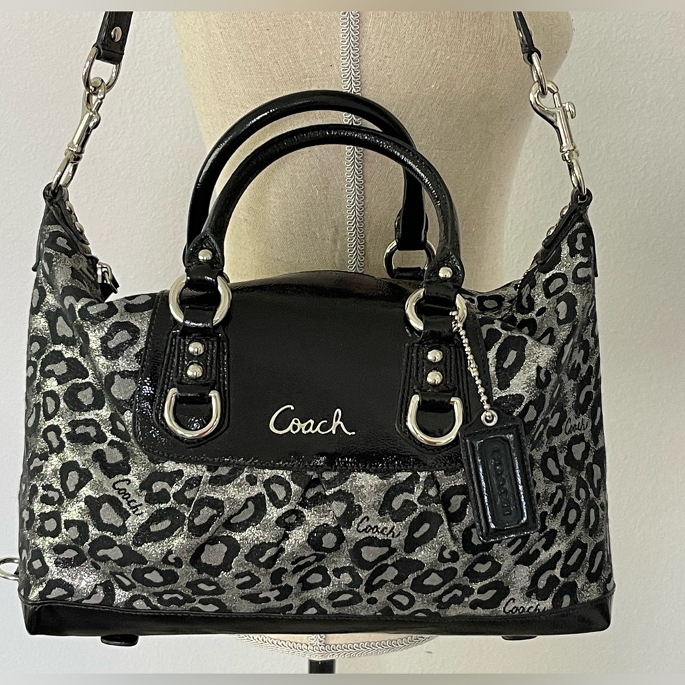 Coach Ocelot Leopard Ashley Shoulder Bag Black Metallic Silver & Eyeglass Case